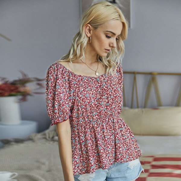 

Ditsy Floral Ruffle Hem Peplum Blouse, Multicolor