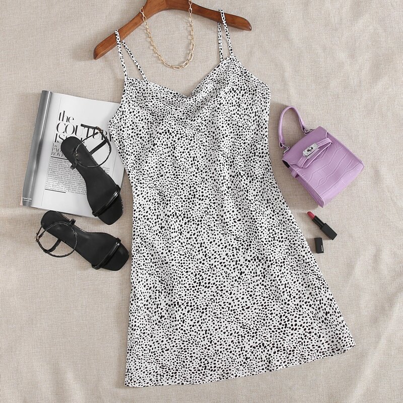 

Dalmatian Print Cowl Neck Cami Dress, Black and white
