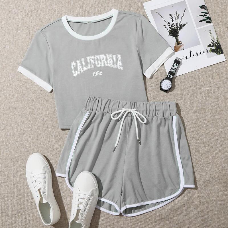 

Letter Graphic Ringer Tee & Dolphin Shorts, Light grey