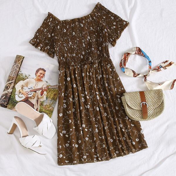 

Shirred Bodice Ditsy Floral Dress, Chocolate brown