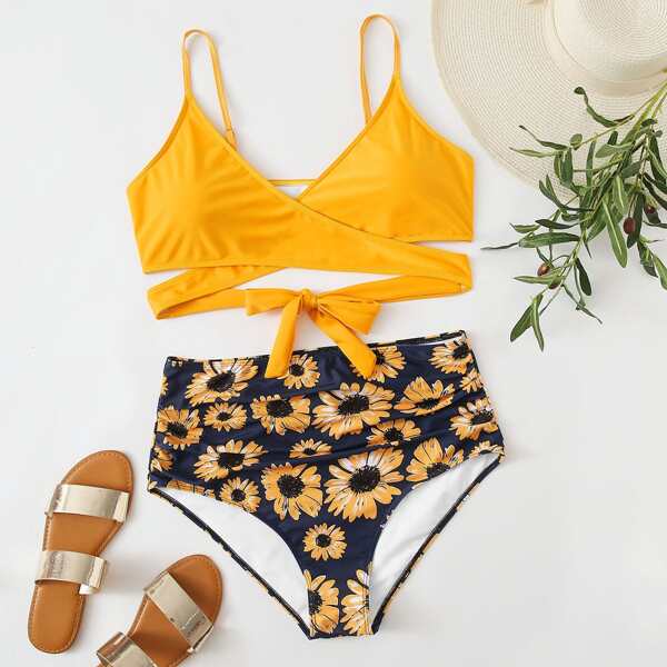 

Plus Floral Wrap Ruched High Waisted Bikini Swimsuit, Multicolor