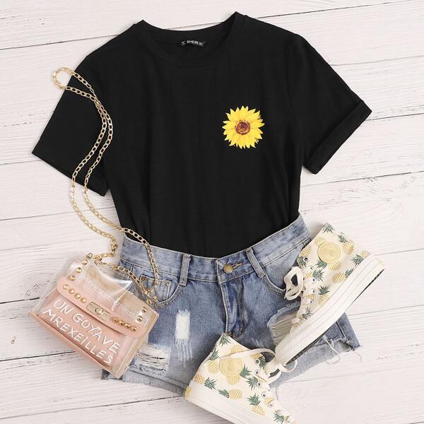 

Plus Sunflower Print Top, Black