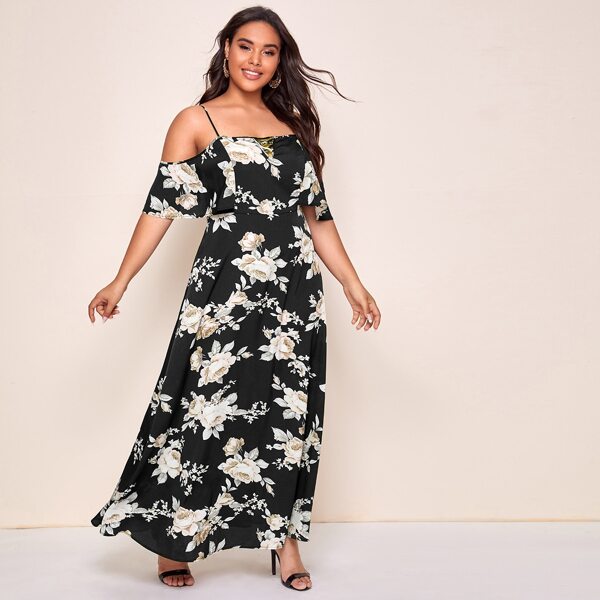 

Plus Cold Shoulder Floral Print Maxi Dress, Black