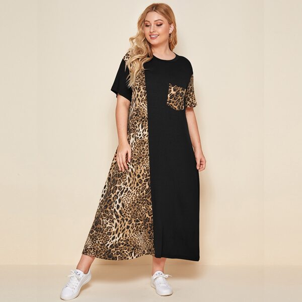 

Plus Contrast Leopard Pocket Front Tee Dress, Multicolor