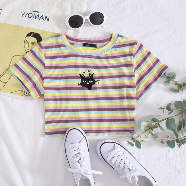

Cartoon Graphic Striped Rib-knit Crop Tee, Multicolor