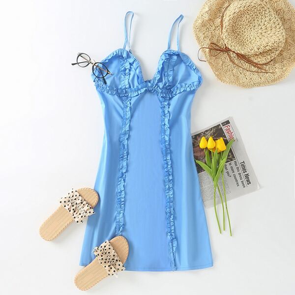 

Frill Trim Zipper Back Bustier Cami Dress, Blue