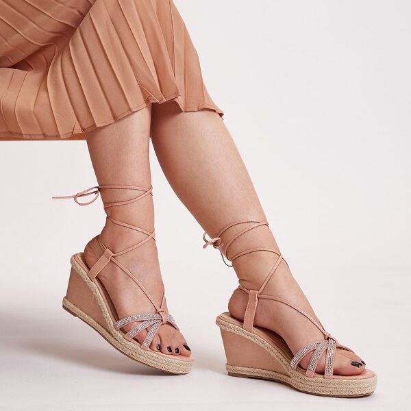 

Rhinestone Decor Tie Leg Wedges, Pink