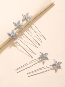 5 piezas horquilla con estrella de mar grabada con diamante de imitación - Plateado - Ver 2
