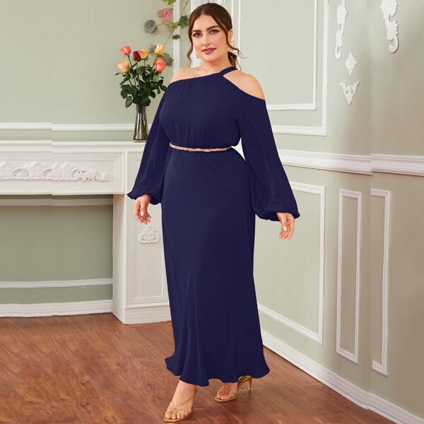 

Plus Asymmetrical Neck Lantern Sleeve Dress Without Belt, Navy blue