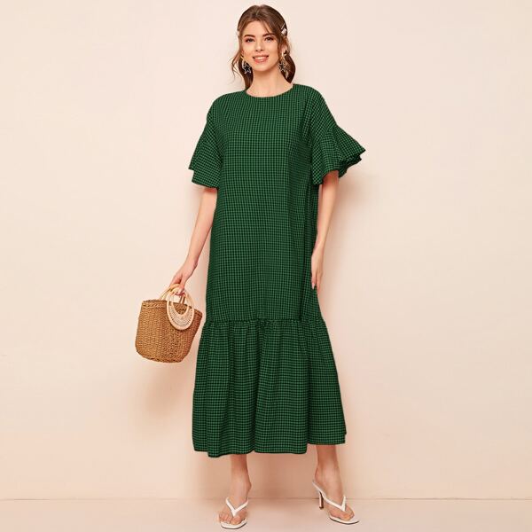 

Flounce Sleeve Gingham Smock Dress, Green