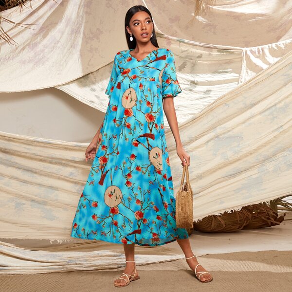 

Floral And Moon-Shaped Fan Print Smock Dress, Mint blue
