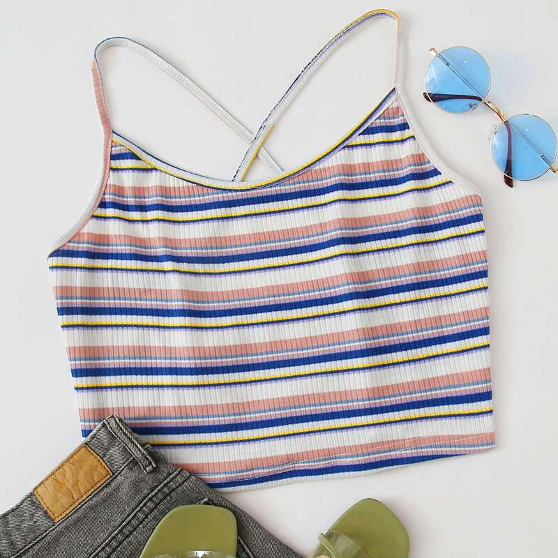 

Striped Lace Up Crop Top, Multicolor