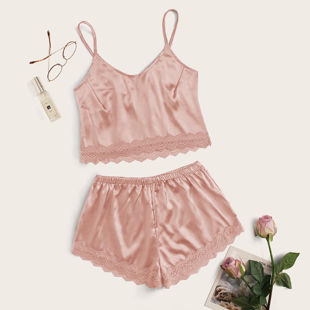 

Lace Trim Satin Cami With Shorts, Dusty pink