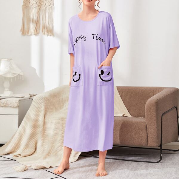 

Letter and Cartoon Graphic Pocket Patched Nightdress, Pastel lilac purple