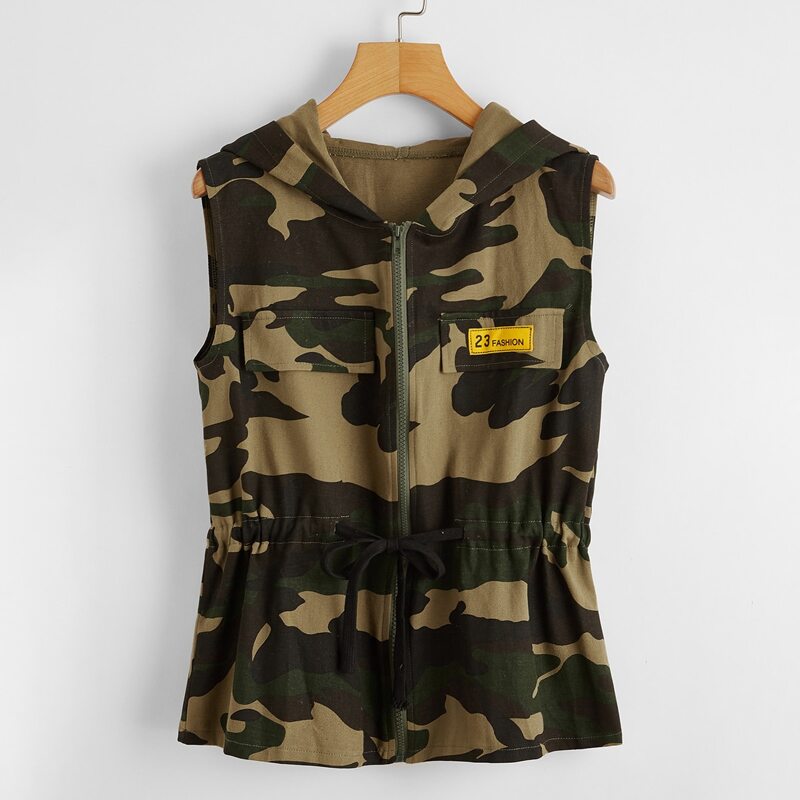 

Letter Patched Camo Print Hooded Jacket, Multicolor