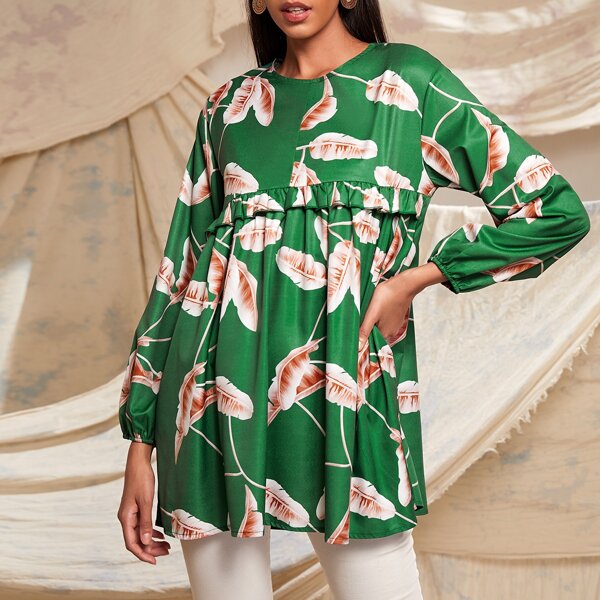 

Tropical Print Frill Trim Babydoll Blouse, Green