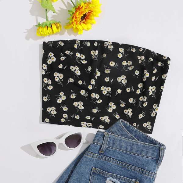 

Allover Floral Print Crop Tube Top, Black