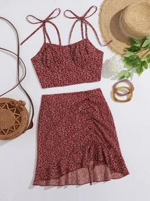 Soleia Knot Strap Ruched Bust Shirred Back Ditsy Floral Top & Skirt Set - Burgundy - View 1