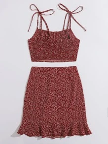 Soleia Knot Strap Ruched Bust Shirred Back Ditsy Floral Top & Skirt Set - Burgundy - View 2