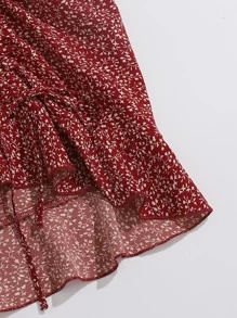 Soleia Knot Strap Ruched Bust Shirred Back Ditsy Floral Top & Skirt Set - Burgundy - View 5