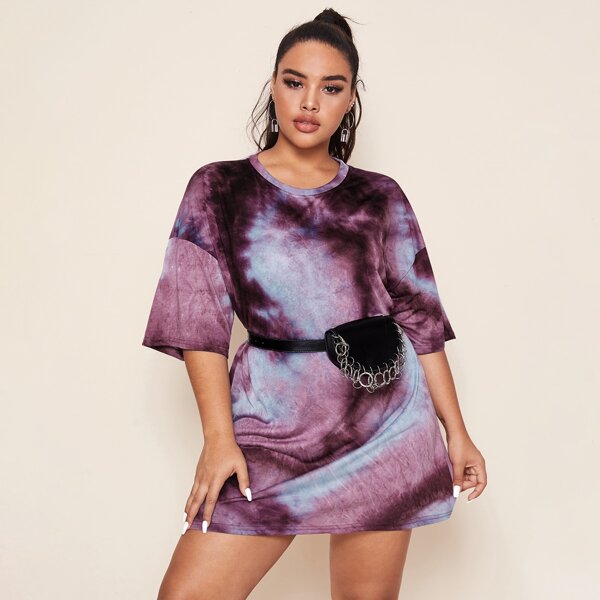 

Plus Tie Dye Drop Shoulder Oversized Tee Without Belted, Multicolor