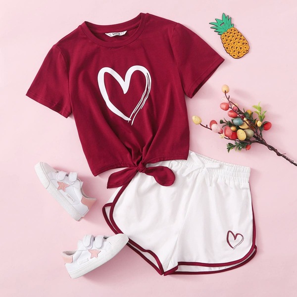 

Girls Knot Hem Heart Print Top & Dolphin Shorts Set, Red and white