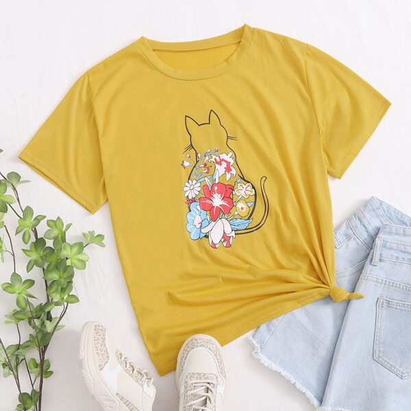 

Plus Cat And Floral Print Tee, Yellow