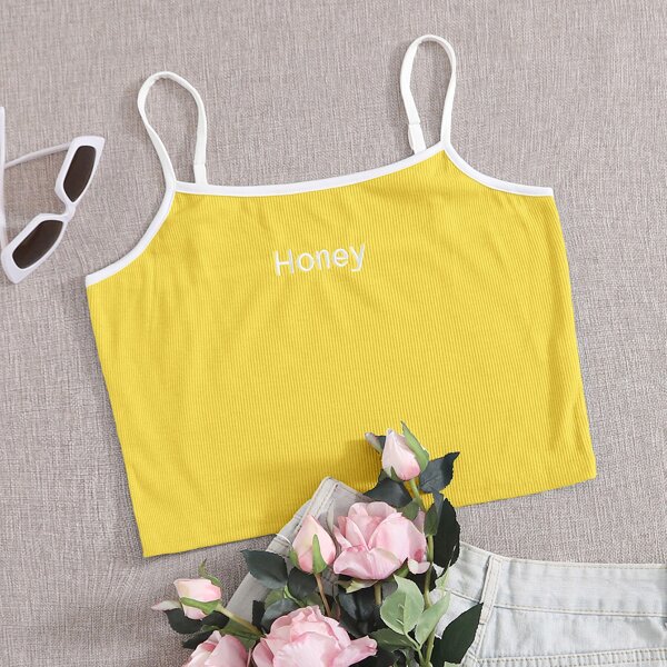 

Plus Letter Embroidered Rib-Knit Cami Top, Yellow
