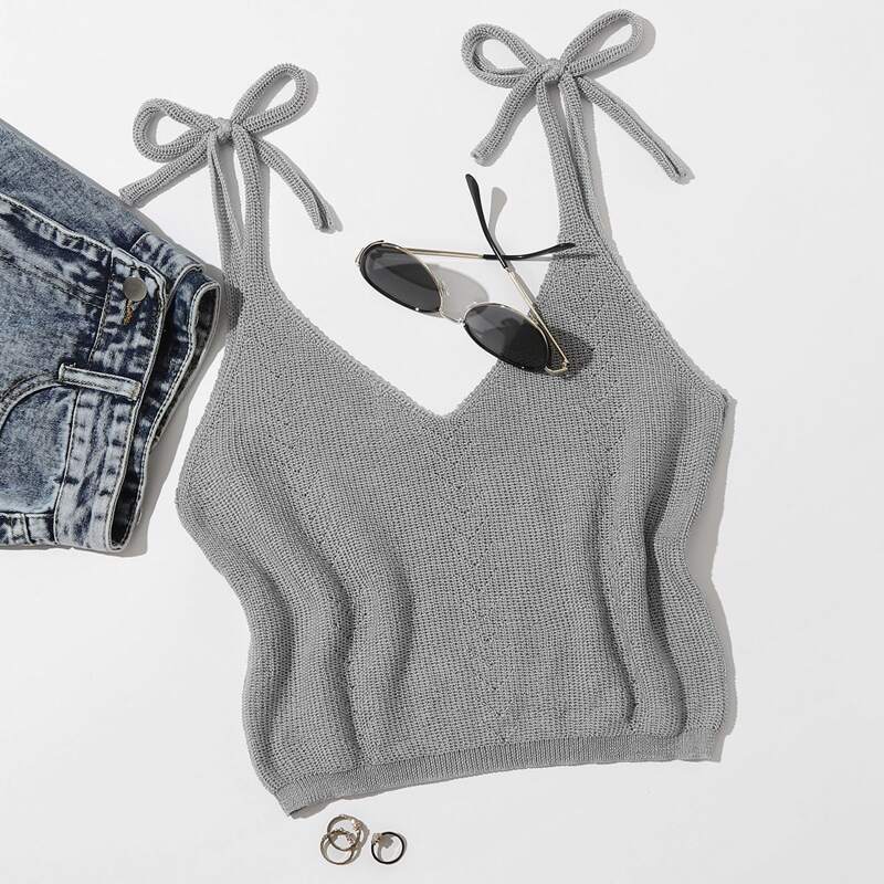 

Knot Shoulder Ribbed Knit Top, Grey