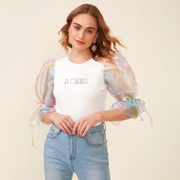 

Contrast Organza Knot Puff Sleeve Letter Graphic Top, White