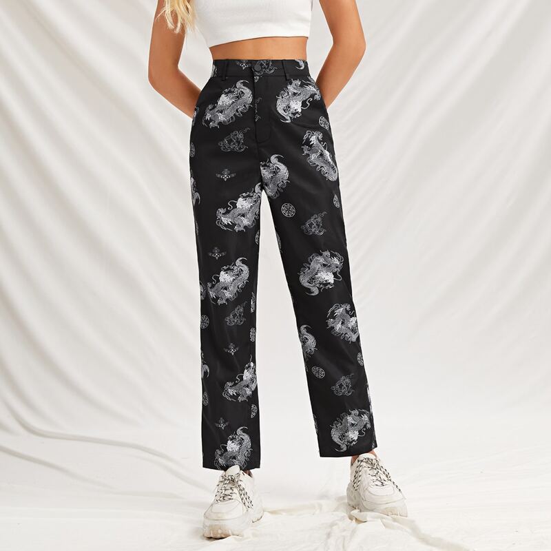 

Zipper Fly Dragon Print Straight Leg Pants, Black