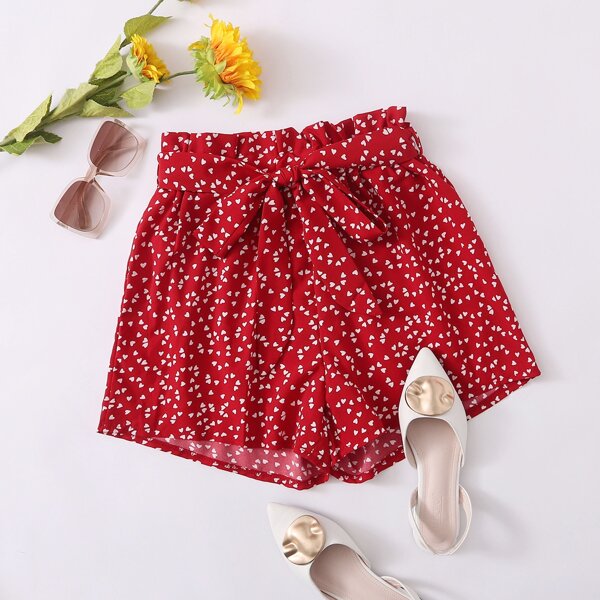 

Heart Print Paperbag Waist Belted Shorts, Red