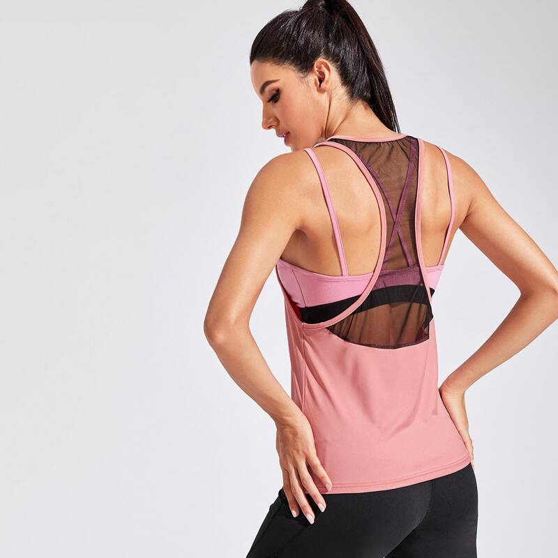 

Contrast Mesh Racer Back Sports Tank, Dusty pink