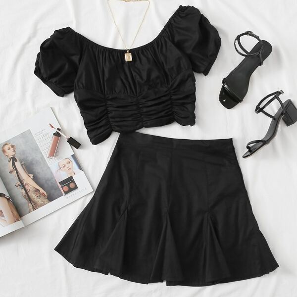 

Solid Ruched Crop Top & Skirt Set, Black