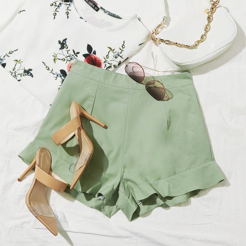 

Zip Back Ruffle Hem Shorts, Mint green