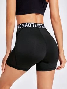 SHEIN Sports Mesh Insert Letter Tape Waist Sports Shorts - Black - View 2