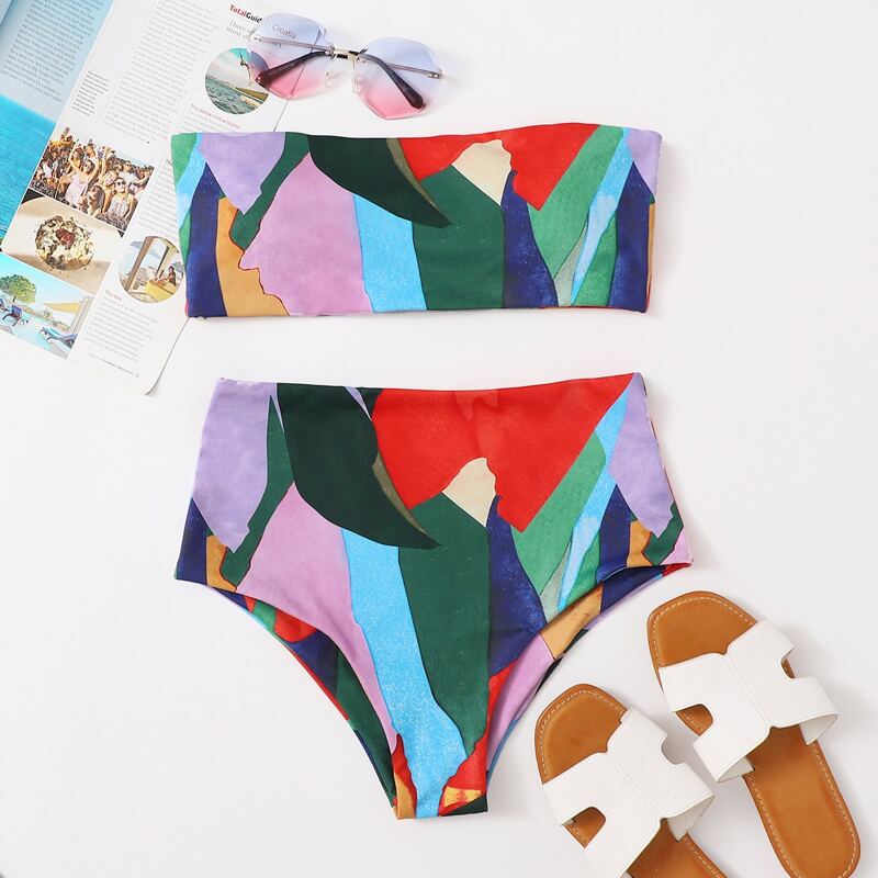 

Allover Graphic Bandeau High Waisted Bikini Swimsuit, Multicolor