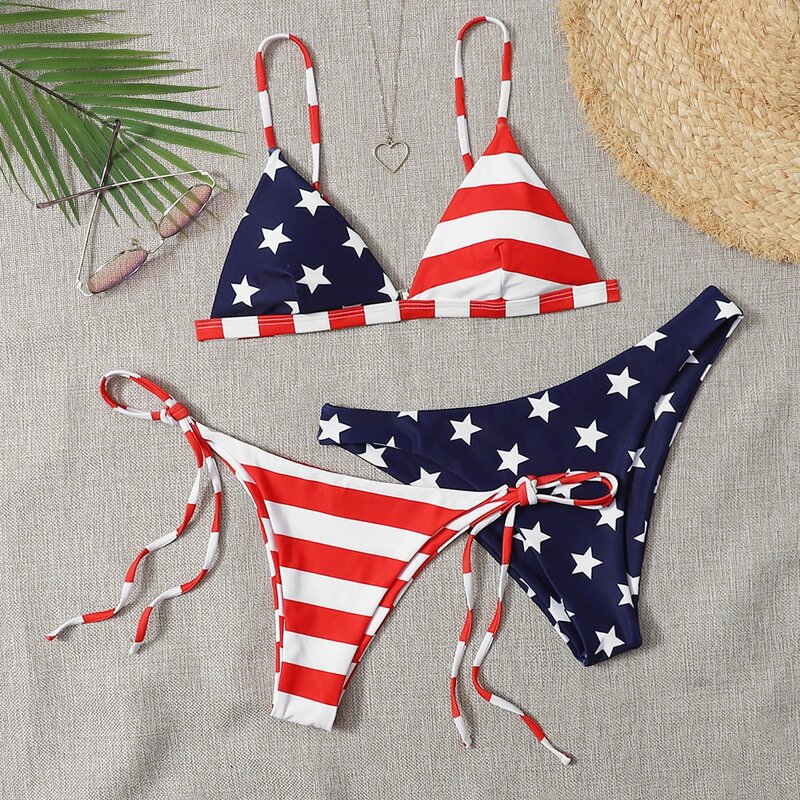 

3pack American Flag Tie Side Bikini Swimsuit, Multicolor