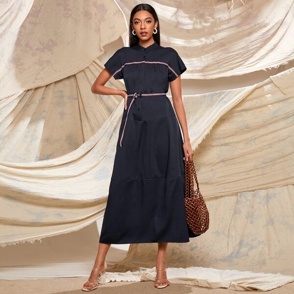 

Striped Tape Belted Shirt Dress, Navy blue