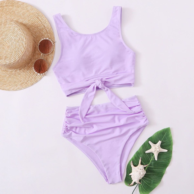 

Knot Front Ruched High Waisted Bikini Swimsuit, Pastel lilac purple