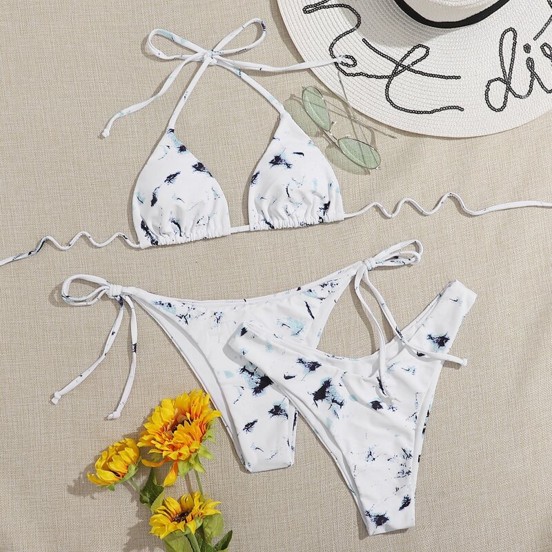 

3pack Tie Dye Triangle Tie Side Bikini Swimsuit, White