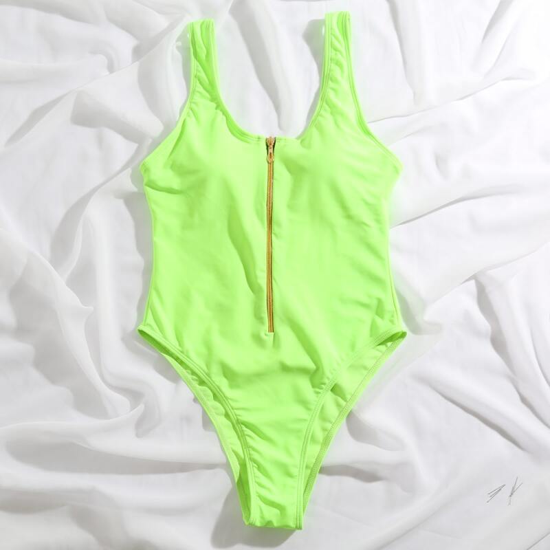 

Neon Lime Zip Front One Piece Tank Swimsuit, Neon lime green