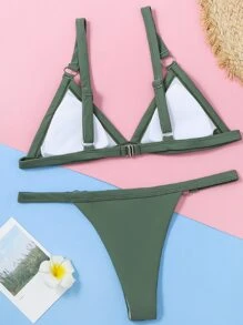 SHEIN Swim 環形三角丁字褲比基尼套裝，性感比基尼套裝，夏季沙灘 - 軍綠色 - 查看 2