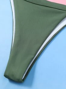 SHEIN Swim 環形三角丁字褲比基尼套裝，性感比基尼套裝，夏季沙灘 - 軍綠色 - 查看 5
