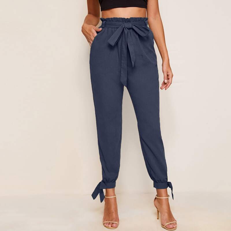 

Paperbag Waist Belted Knotted Hem Pants, Navy blue