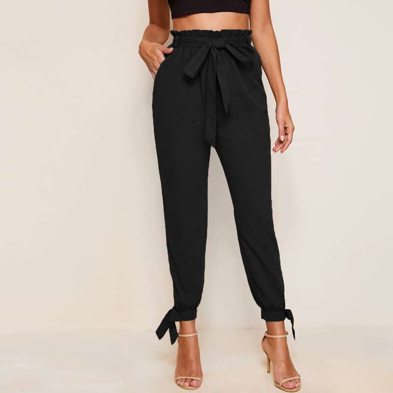 

Paperbag Waist Belted Knotted Hem Pants, Black