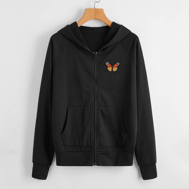 

Butterfly Patched Zip Up Hooded Sweatshirt, Black