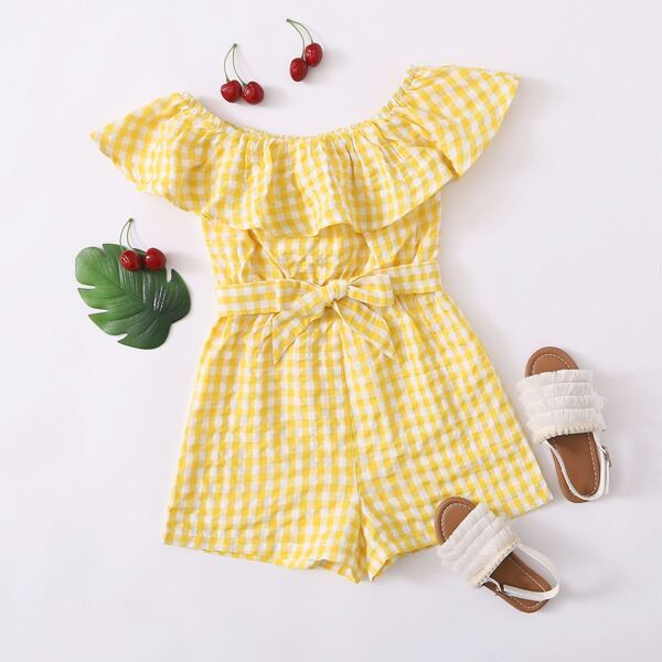 

Girls Flounce Off Shoulder Buffalo Plaid Self Belted Romper, Yellow pastel