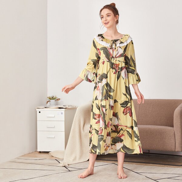 

Big Floral Print Tie Neck Ruffle Night Dress, Multicolor