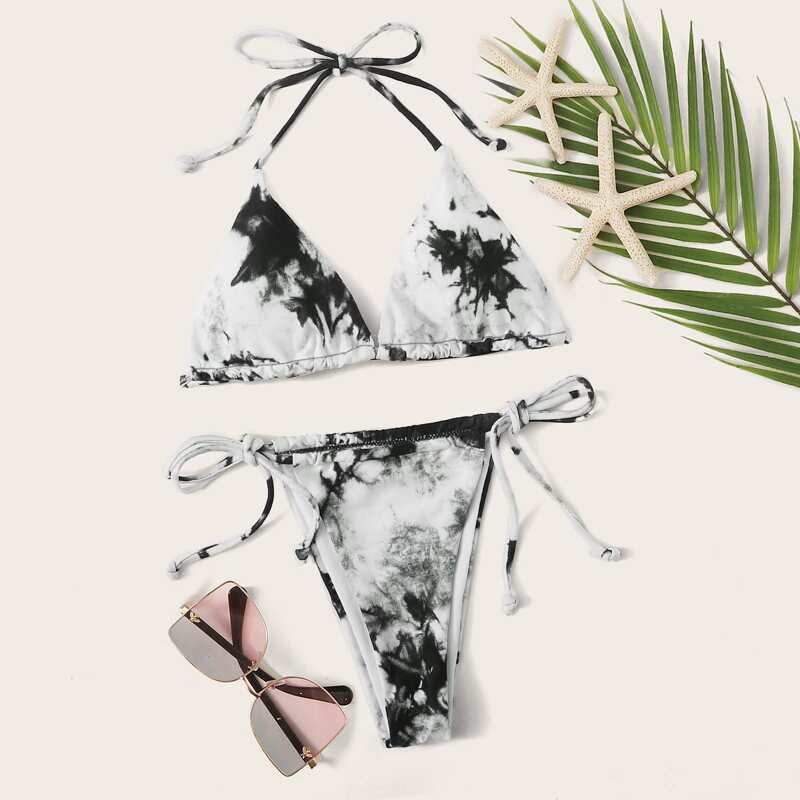 

Tie Dye Knot Side Triangle Thong Bikini Swimsuit, Black and white